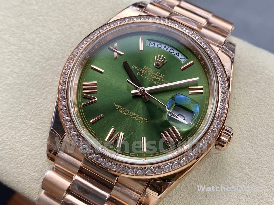 Rolex Day-Date 228345RBR 0011 Olive Green Roman Dial Diamond Bezel 40mm Mens Replica Watch