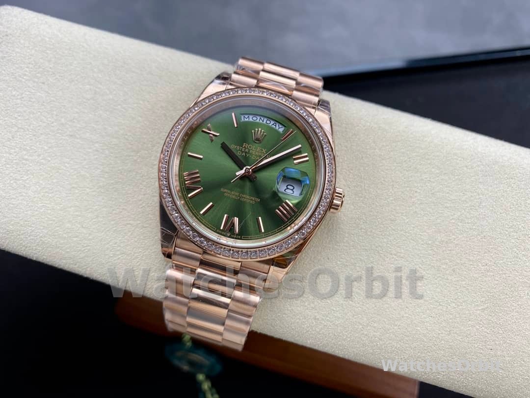 Rolex Day-Date 228345RBR 0011 Olive Green Roman Dial Diamond Bezel 40mm Mens Replica Watch