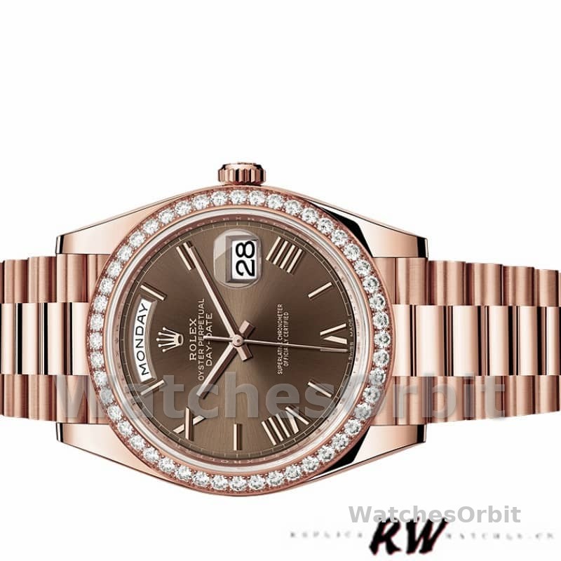 Rolex Day-Date 228345RBR Chocolate Brown Roman Dial Diamond Bezel 40mm Mens Replica Watch