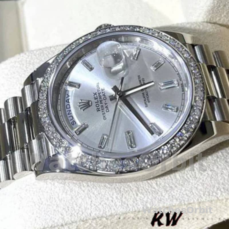 Rolex Day-Date 228349RBR Silver Dial Diamond Bezel 40mm Mens Replica Watch