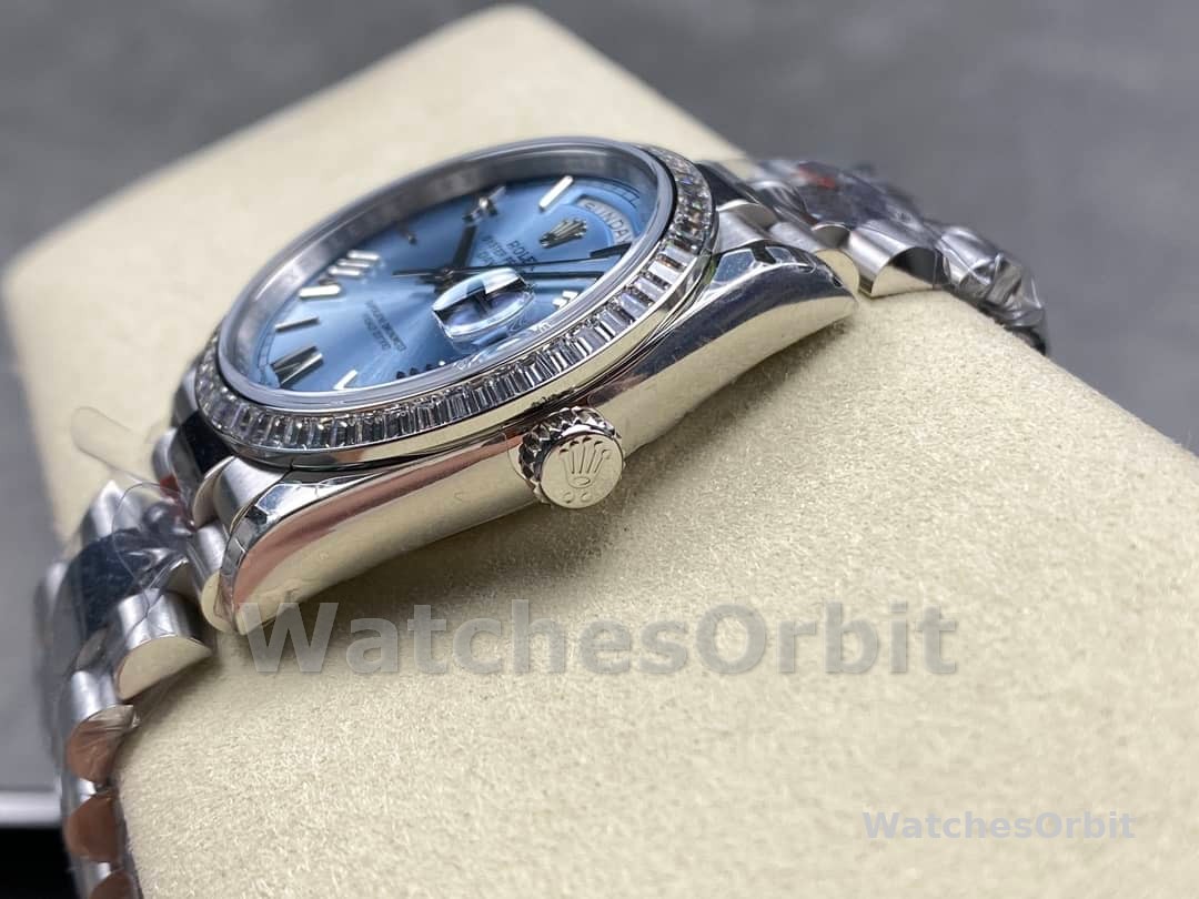 Rolex Day-Date 228396TBR 0030 Ice Blue Dial Platinum Diamond Bezel 40mm Mens Replica Watch