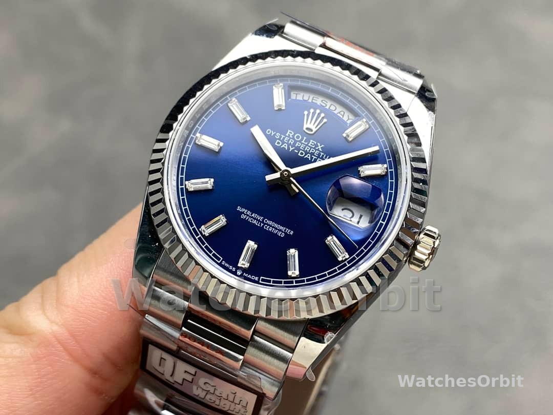 Rolex Day Date 36 36mm Bright Blue Diamond-Set Dial Fluted Bezel Presi m128236 0023