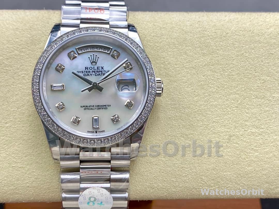 Rolex Day Date 36 Mother of Pearl Dial Diamond Bezel Platinum President m128396tbr 0005