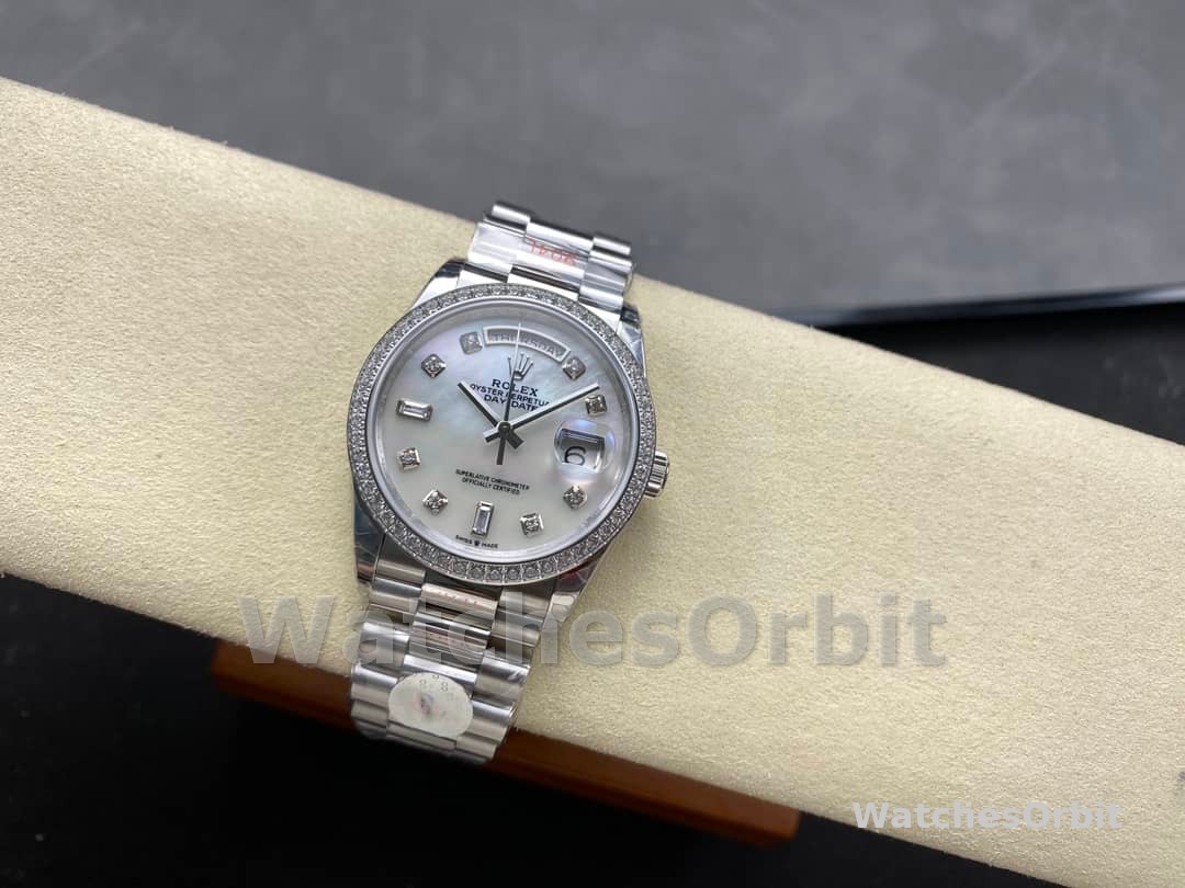 Rolex Day Date 36 Mother of Pearl Dial Diamond Bezel Platinum President m128396tbr 0005