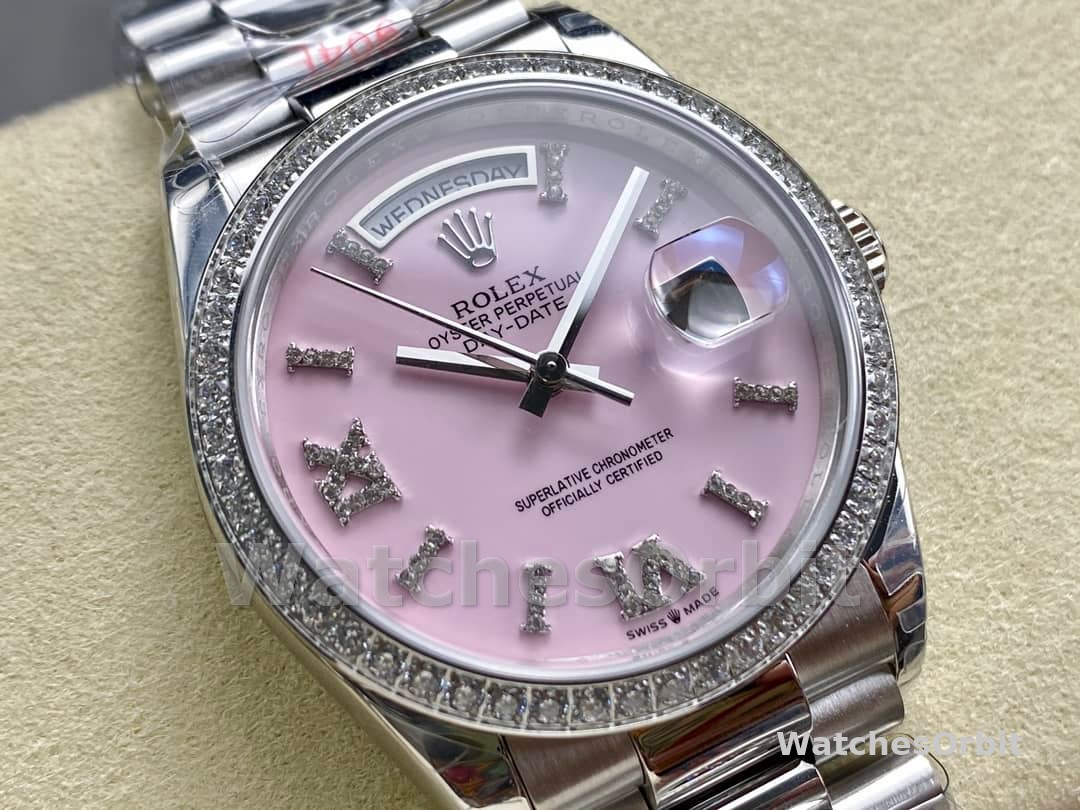 Rolex Day Date 36 Platinum Pink Opal Diamond-Set Roman Dial Diamond Bezel m128396tbr 0009
