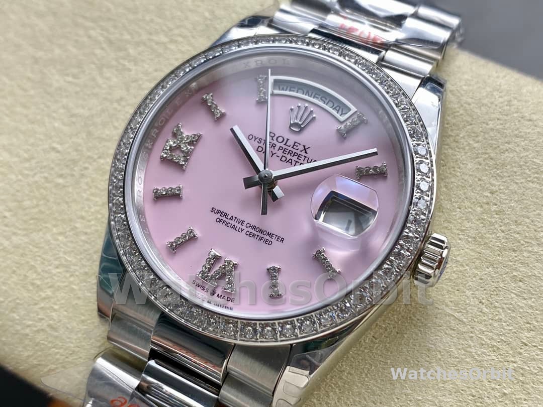 Rolex Day Date 36 Platinum Pink Opal Diamond-Set Roman Dial Diamond Bezel m128396tbr 0009