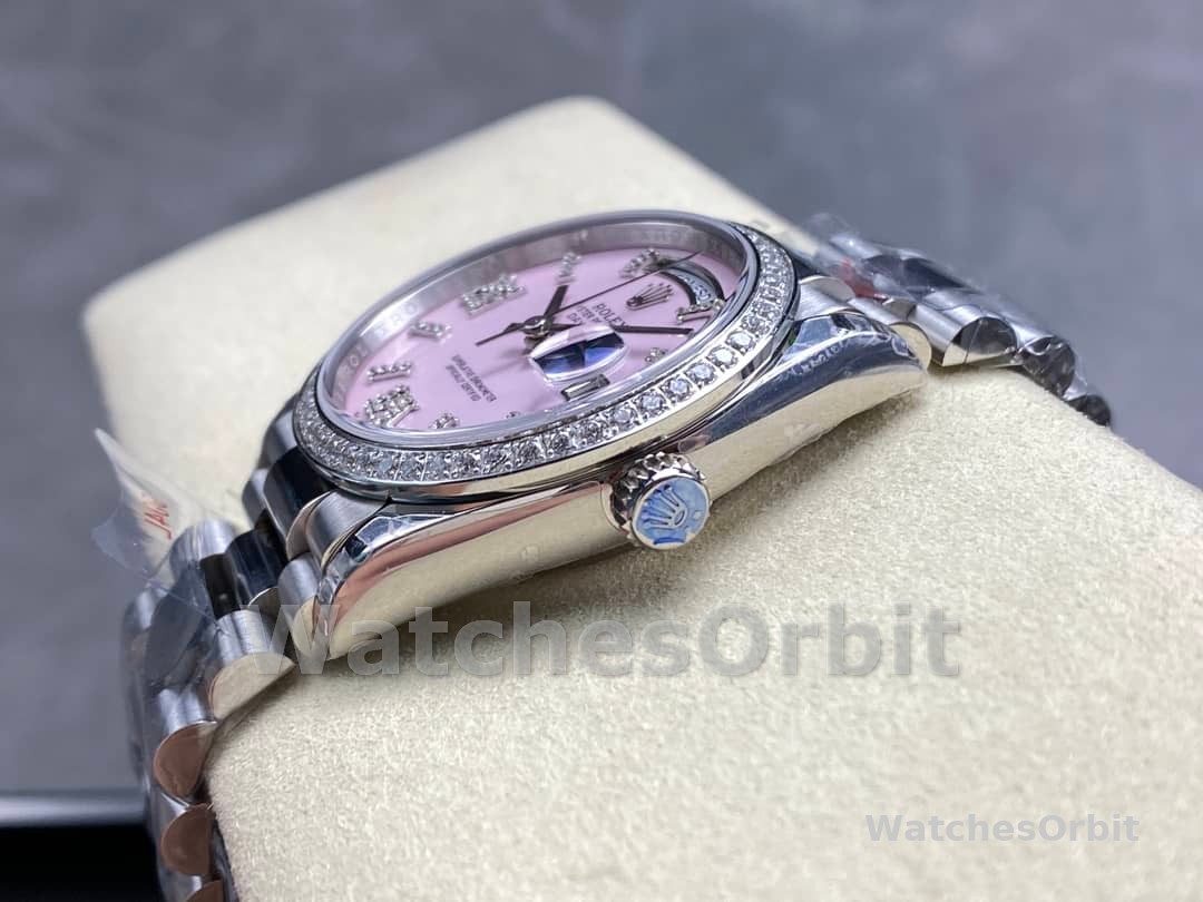 Rolex Day Date 36 Platinum Pink Opal Diamond-Set Roman Dial Diamond Bezel m128396tbr 0009