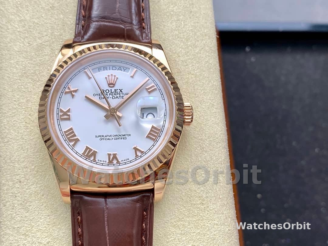 Rolex Day Date 36 White Dial 118135 0064 Brown Leather Watch