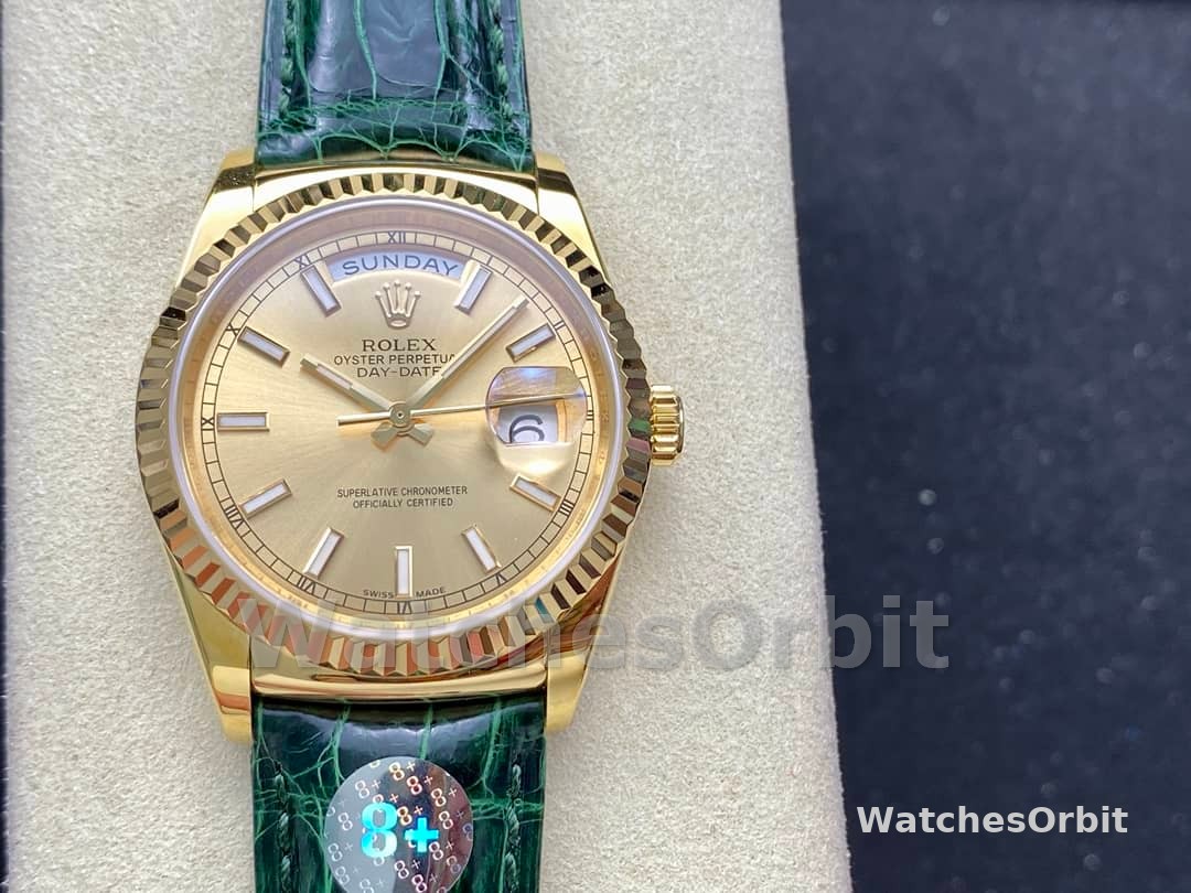 Rolex Day Date 36 Yellow Gold Champagne Dial 118138 0125 Green Strap