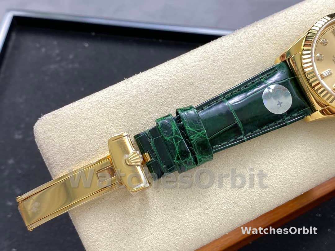 Rolex Day Date 36 Yellow Gold Champagne Dial 118138 0148 Green Leather Strap