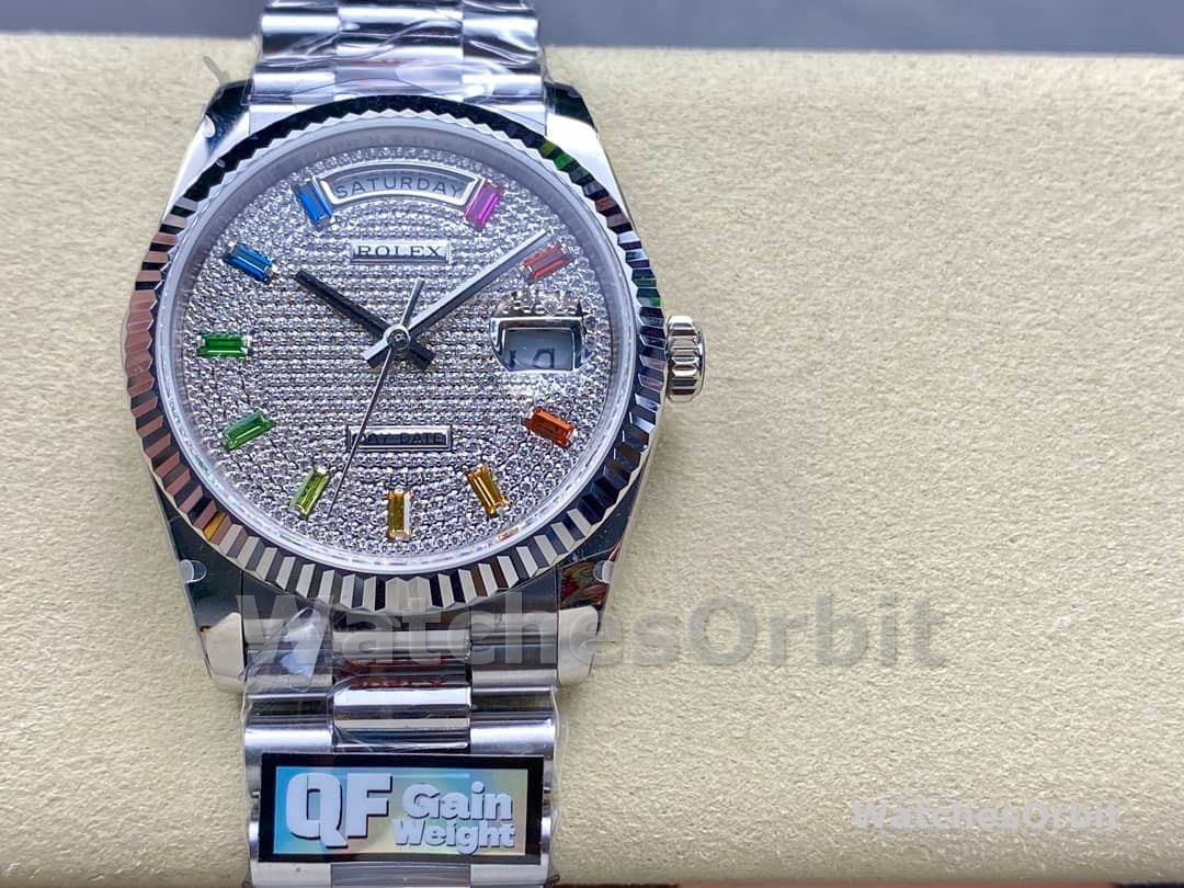 Rolex Day Date 36mm White Gold 128239 0016 Pave Rainbow Diamond Dial