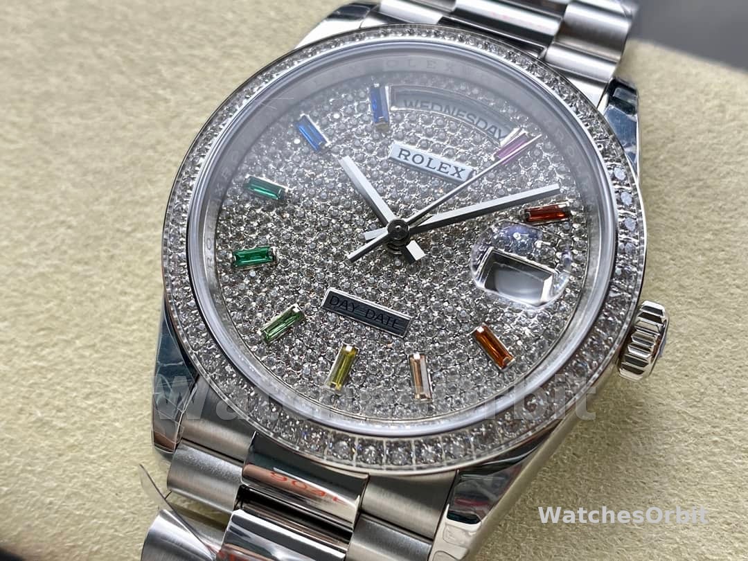 Rolex Day Date 36mm White Gold 128349RBR 0006 Pave Rainbow