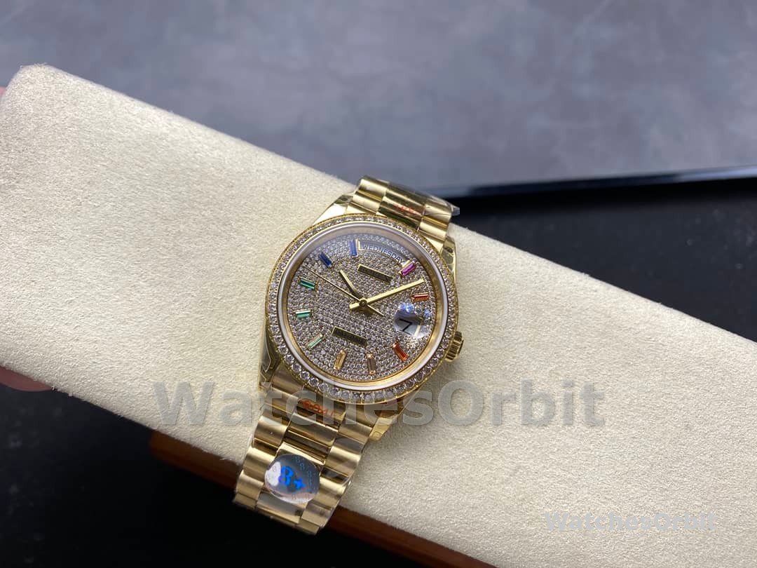 Rolex Day Date 36mm Yellow Gold 128348RBR 0030 Pave Rainbow Diamonds Sapphires Dial