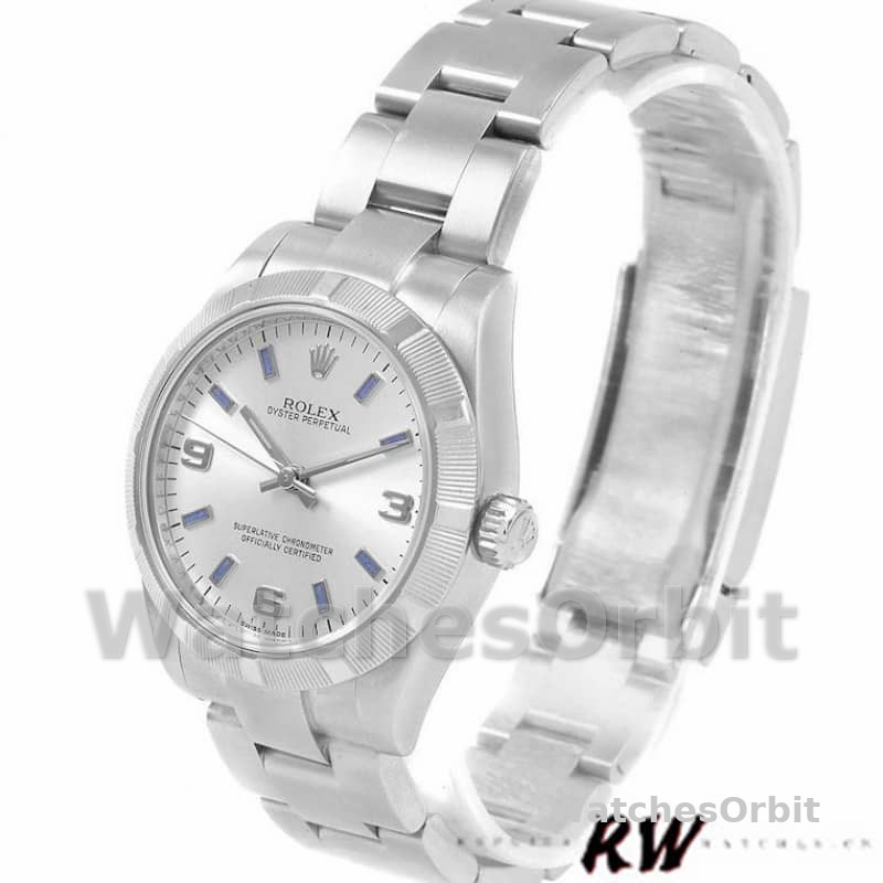 Rolex Oyster Perpetual 177210 Silver Dial Blue Hour Markers 31mm Lady Replica Watch