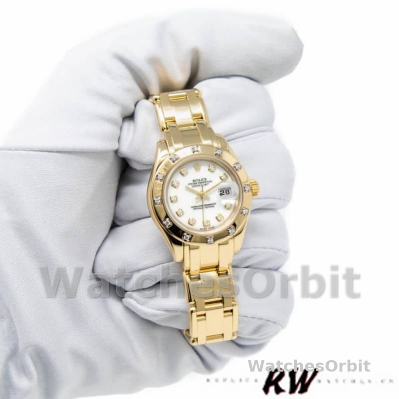 Rolex Pearlmaster 80318 Yellow Gold White Dial 29MM Lady Replica Watch