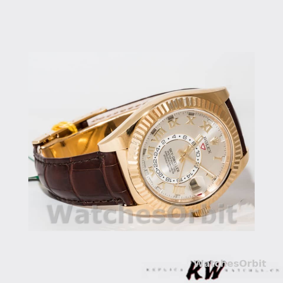 Rolex Sky-Dweller 326138 Sunray Silver Dial Yellow Gold 42MM Mens Replica Watch