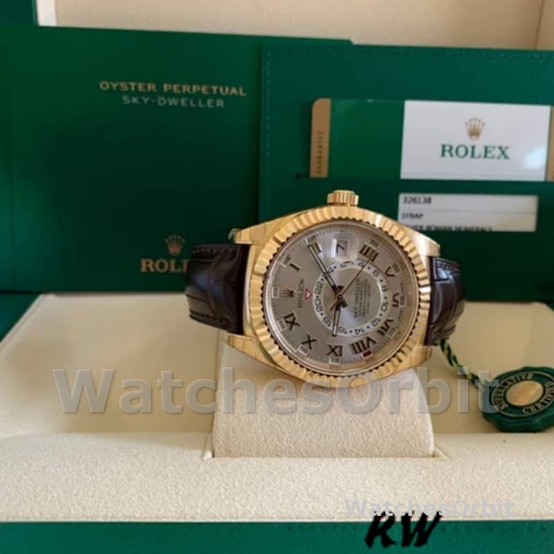 Rolex Sky-Dweller 326138 Sunray Silver Dial Yellow Gold 42MM Mens Replica Watch