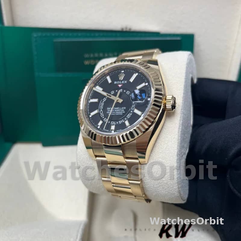 Rolex Sky-Dweller 326938 Yellow Gold Black Dial 42mm Mens Replica Watch
