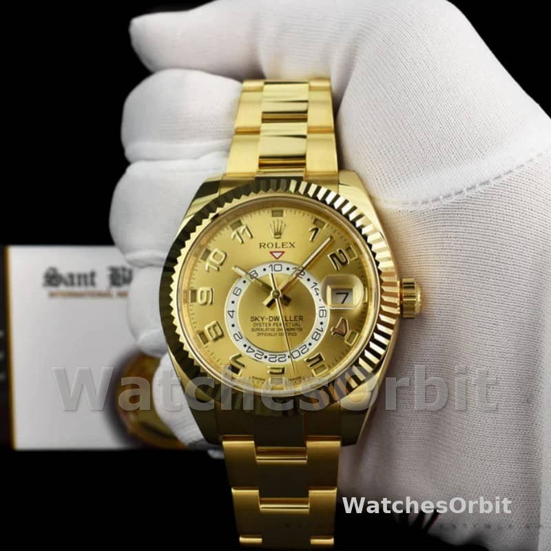Rolex Sky-Dweller 326938 Yellow Gold Champagne Arabic Dial 42mm Mens Replica Watch
