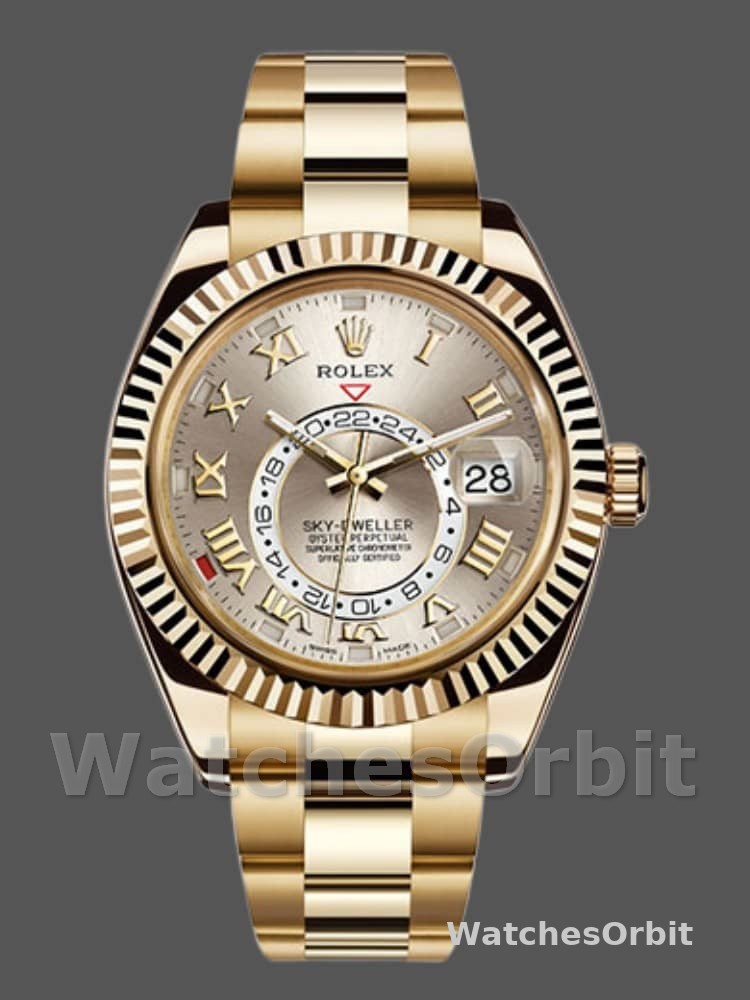 Rolex Sky-Dweller 326938 Yellow Gold Silver Dial 42mm Mens Replica Watch