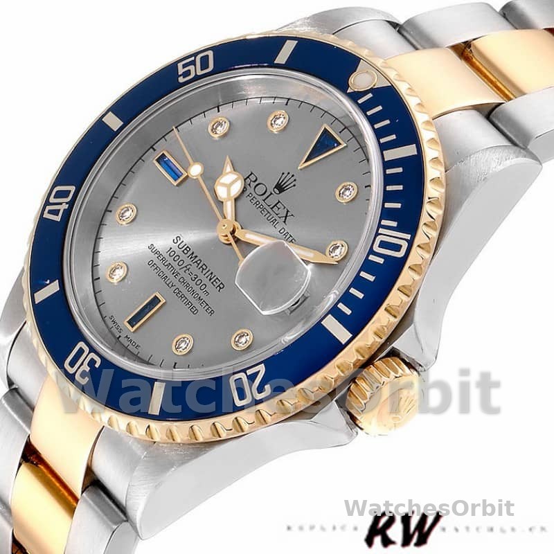 Rolex Submariner 16613 Steel Gold Diamond Sapphire Serti Dial 40mm Mens Replica Watch