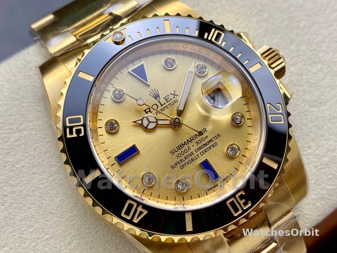 Rolex Submariner 40 18k Champagne Diamond Dial Black Bezel 16613T Gold Watch